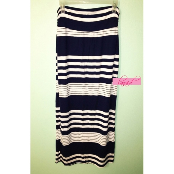 Navy White Ivory Striped Ruched Long Maxi Midi High-Waist Soft Sundress Skirt L - Picture 2 of 6